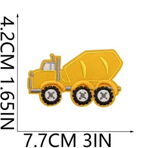 Close-up detail of yellow cement mixer truck embroidery patch with 7.7cm by 4.2cm size