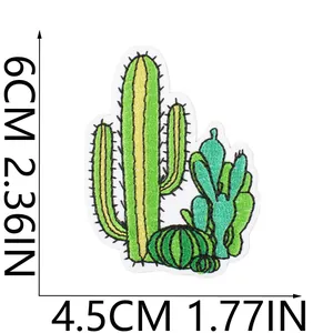 Detailed cactus embroidered patch showing dimensions 6cm x 4.5cm for DIY clothing crafts