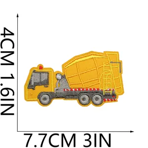 Dimensions detail showing measurements for yellow cement mixer truck embroidered patch