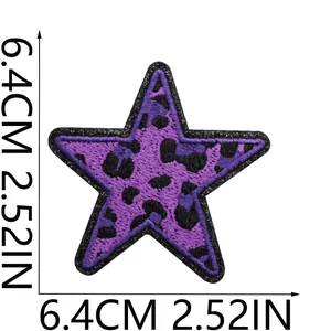 Close-up detail of purple leopard print star embroidered patch with 6.4cm size label
