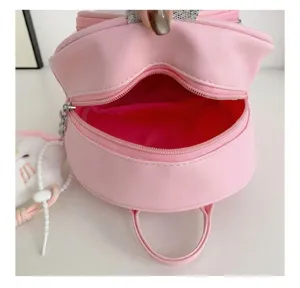 Detailed interior view of pink PU cartoon backpack for kids showing inner lining