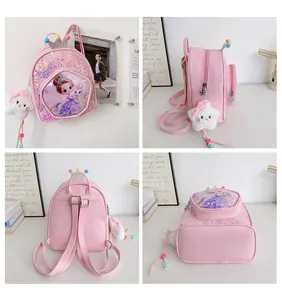Detailed multi-angle views of kids pink sequin backpack with crown and princess