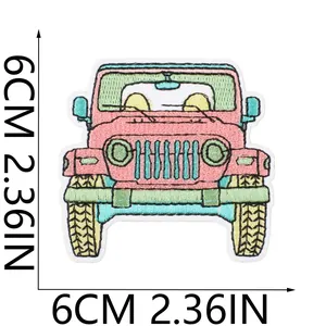 Detailed view of pink cartoon off-road vehicle embroidered patch with 6cm dimensions