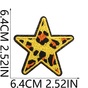 Detailed view of yellow leopard print star embroidery patch with 6.4cm size marks