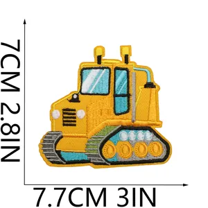 Detailed view of a yellow embroidered excavator patch with 7.7x7cm dimensions mark