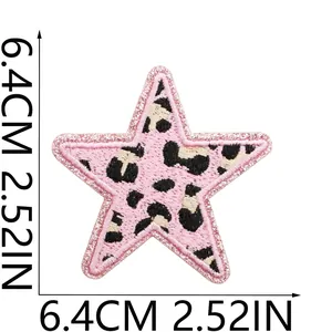 Detailed pink leopard star embroidery patch showing dimensions 6.4cm and 2.52in