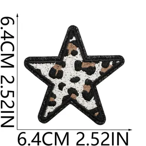 Close-up detail of leopard print five-pointed star embroidery patch measuring 6.4cm