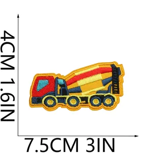 Detail view of construction truck iron-on patch showing size dimensions in CM and IN