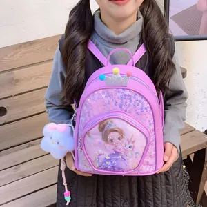 Cute purple cartoon princess backpack for kids featuring sequins and a crown decoration