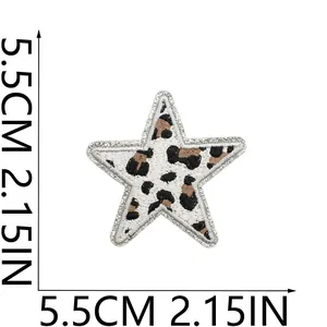Detailed view of a leopard print star patch with silver glitter border and 5.5cm size.
