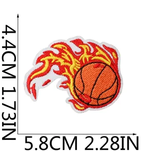 Detailed view of flaming basketball embroidery patch showing 5.8x4.4cm dimensions.