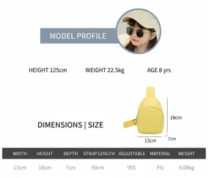Guide des tailles détaillé pour sac bandoulière enfant en cuir PU jaune et mesures