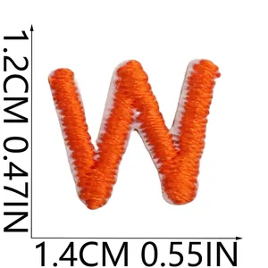Detailed view of miniature orange embroidered letter W patch with size markings