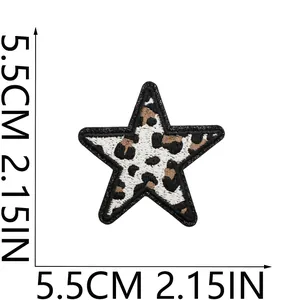 Leopard print star embroidery patch with 5.5cm size measurement detail.