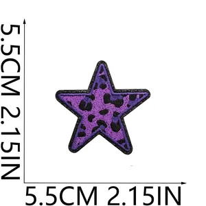 Close-up detail of purple leopard print embroidered star patch with 5.5cm dimensions