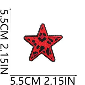 Detailed view of red leopard print star embroidery patch with 5.5cm size markers