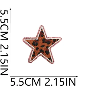 Detailed macro view of a leopard print star embroidery patch measuring 5.5cm x 2.15in