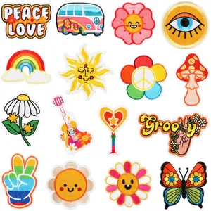 Set of 16 colorful hippie summer embroidery patches with rainbow and bus designs