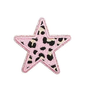 Pink leopard print star embroidered patch with pink glitter border for clothing decoration