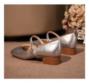 Vue latérale de chaussures Mary Jane argentées élégantes à bout carré et talons blocs