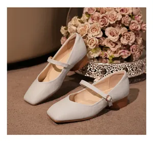 Élégantes chaussures Mary Jane gris clair à bout carré et talons blocs pour femme