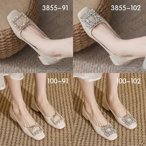 Damen Wide Fit Schuhe Eckige Zehenpartie Blockabsatz Pumps Mikrofaser Strass Künstliche Perle Schnalle Koreanischer Stil Bequeme Flats