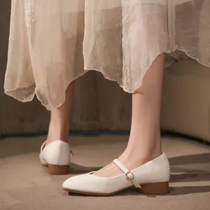 Élégantes chaussures Mary Jane françaises blanches à bout carré et petit talon marron