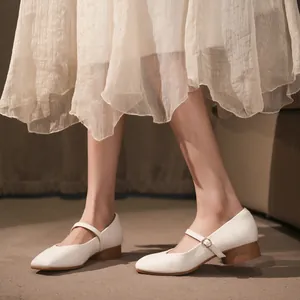 Chaussures Mary Jane blanches style français à bout carré et petit talon