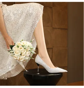 Elegant silver glitter pointed-toe wedding high heels for brides or bridesmaids party