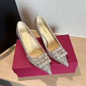 Elegant champagne sequin high heels with rhinestone buckle for weddings
