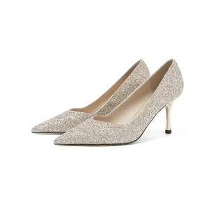 Elegant champagne glitter pointed-toe high heels perfect for bridal and wedding occasions