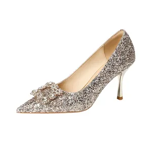 Elegant champagne glitter pointed toe high heels with luxury rhinestone buckle bridal shoes