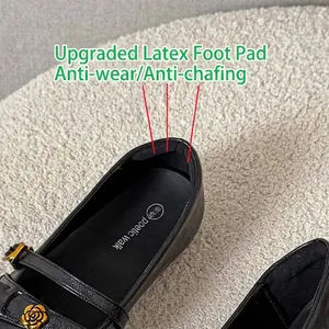 Close-up detail of soft latex heel padding on black Mary Jane loafers for comfort.