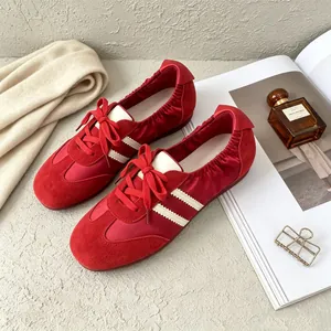 Detailansicht roter Ballett-Flats aus Leder mit weißen Streifen und elastischer Ferse.