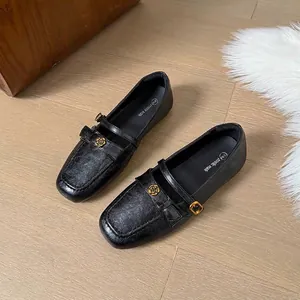 Classic black flat Mary Jane loafers with rose buckle, large sizes 41-45