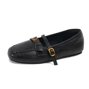Elegant black flat Mary Jane loafers with vintage gold rose buckle and square toe design