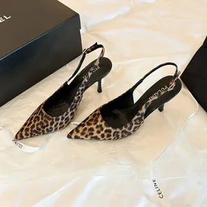 Escarpins Slingback Sexys à Talons Aiguilles Imprimé Léopard Bout Pointu pour Femmes en Cuir PU Chaussures de Soirée Mode