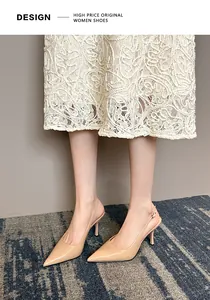 Elegant nude patent leather pointed toe slingback heels shown on model with lace dress