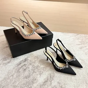 Scarpe con Tacco Alto in Raso Stile Francese da Donna Eleganti Scarpe con Tacco a Punta con Fiori in Strass e Cinturino Posteriore Matrimonio Festa