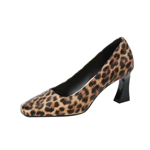 Sexy leopard print square toe pumps with black flared block heels for women's office