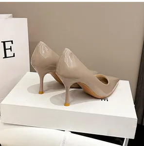 Nahaufnahme von eleganten nudefarbenen Lackleder-Stilettos mit spitzer Zehenpartie für Damen.