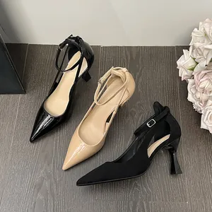 Elegant pointed toe stiletto high heels in black and beige finishes for daily office wear