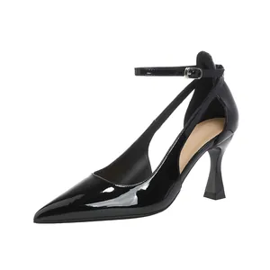 Elegant black patent leather pointed toe high heels with ankle strap for daily office wear