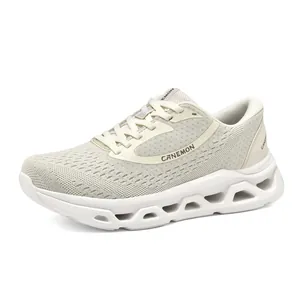 Side view of breathable mesh men's athletic shoes with thick sculpted sole