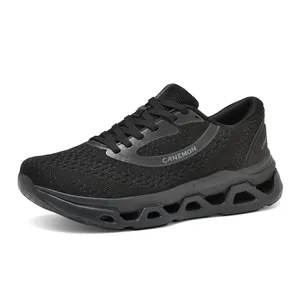 Detailed view of men's black breathable mesh running shoe with hollow sole design