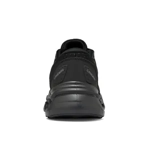 Detailed rear view of a black breathable mesh men's athletic running shoe dad sneaker