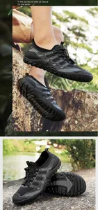 Detailed outdoor view of men's breathable quick-dry hiking shoes on natural rocks