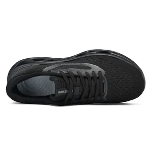 Top view of black breathable mesh men's running shoe with hollow cushioning sole