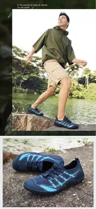 Detail shot of breathable blue outdoor water shoes for men with quick-dry mesh material.