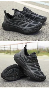 Detailed views of YuJieTing black breathable sneakers with thick non-slip soles.